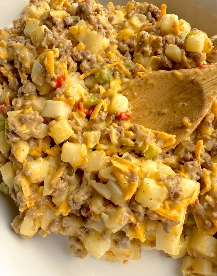 Cheesy ground beef and potato mixture stirred together
