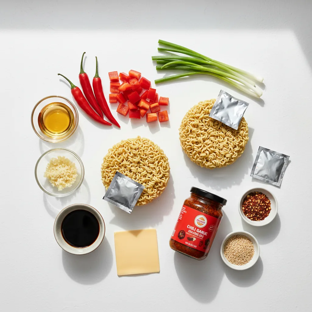 All the ingredients for chili garlic ramen — instant ramen, garlic, red chilli, bell pepper, green onions, soy sauce, chili garlic sauce, chilli flakes, cheese and sesame seeds