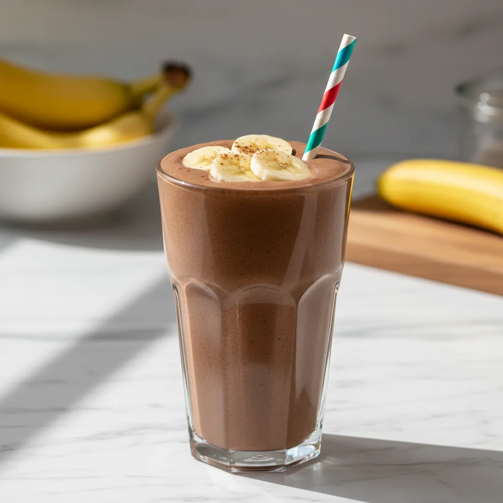 A tall glass of thick, creamy chocolate banana smoothie topped with banana slices