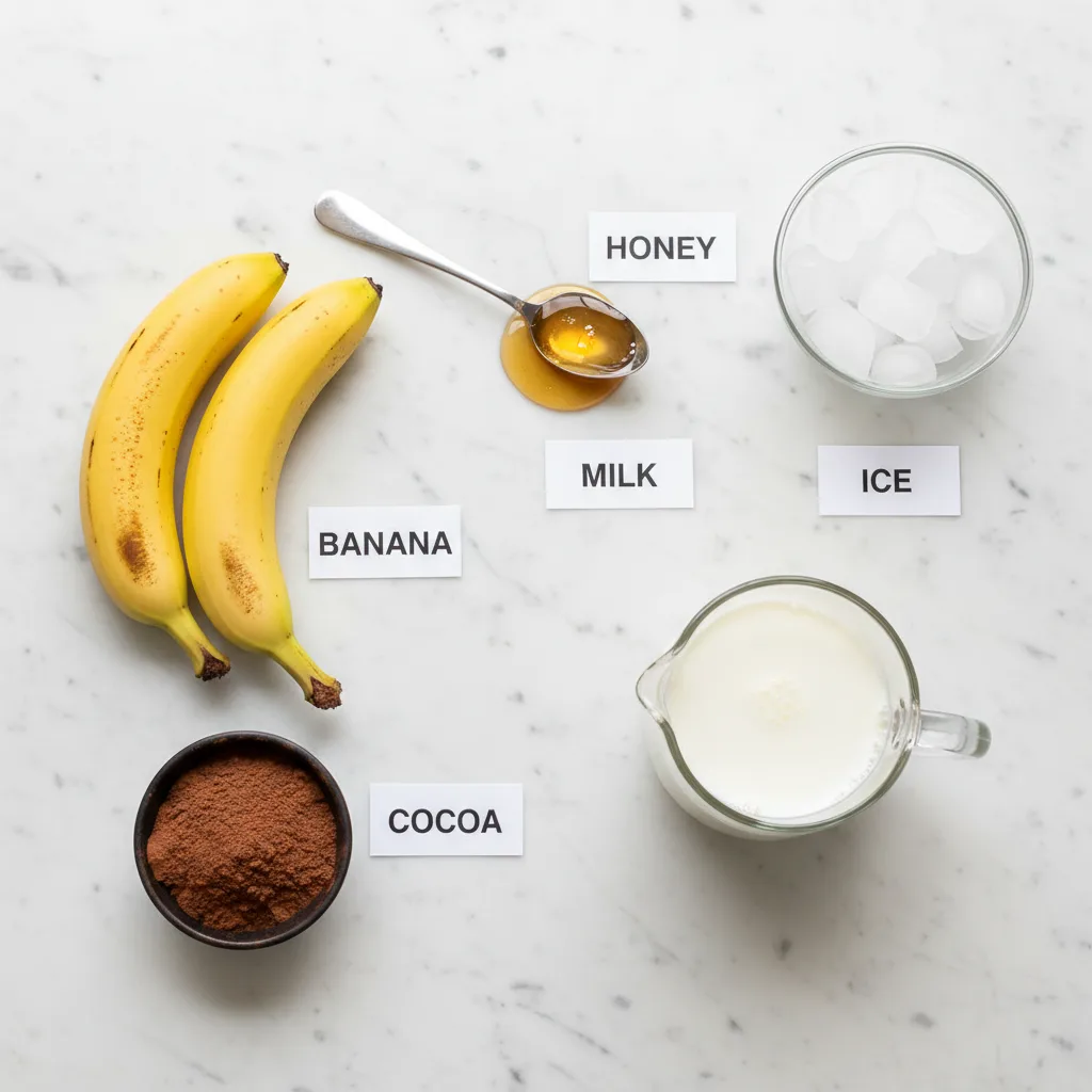 Chocolate banana smoothie ingredients laid out and labelled — banana, cocoa, milk, honey and ice, no yogurt