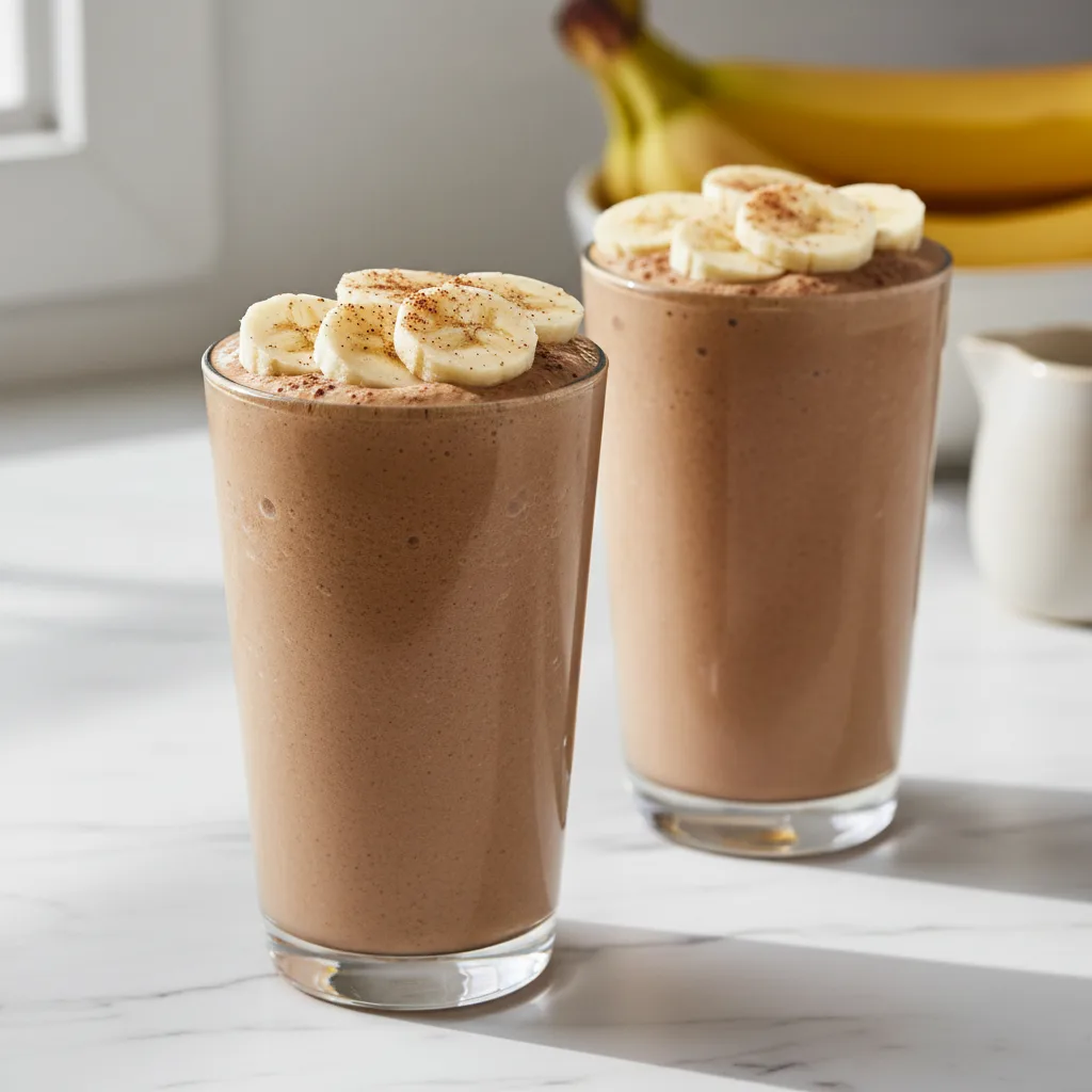 Two glasses of creamy chocolate banana smoothie topped with banana slices and cocoa