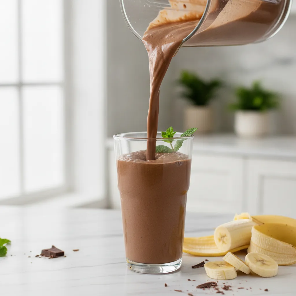 Thick chocolate banana smoothie being poured from a blender into a tall glass