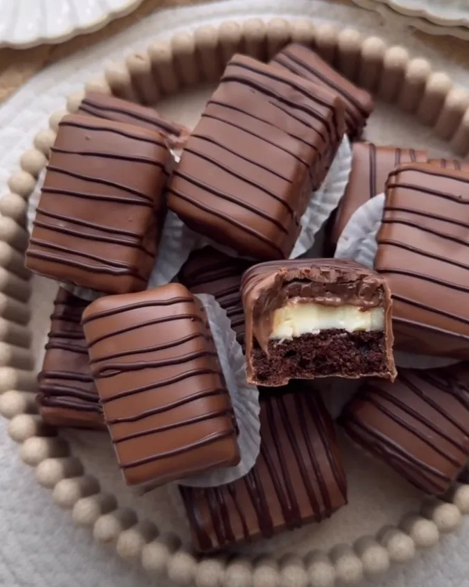 Finished chocolate cream snack cake bars with dark chocolate drizzle stripes on a plate