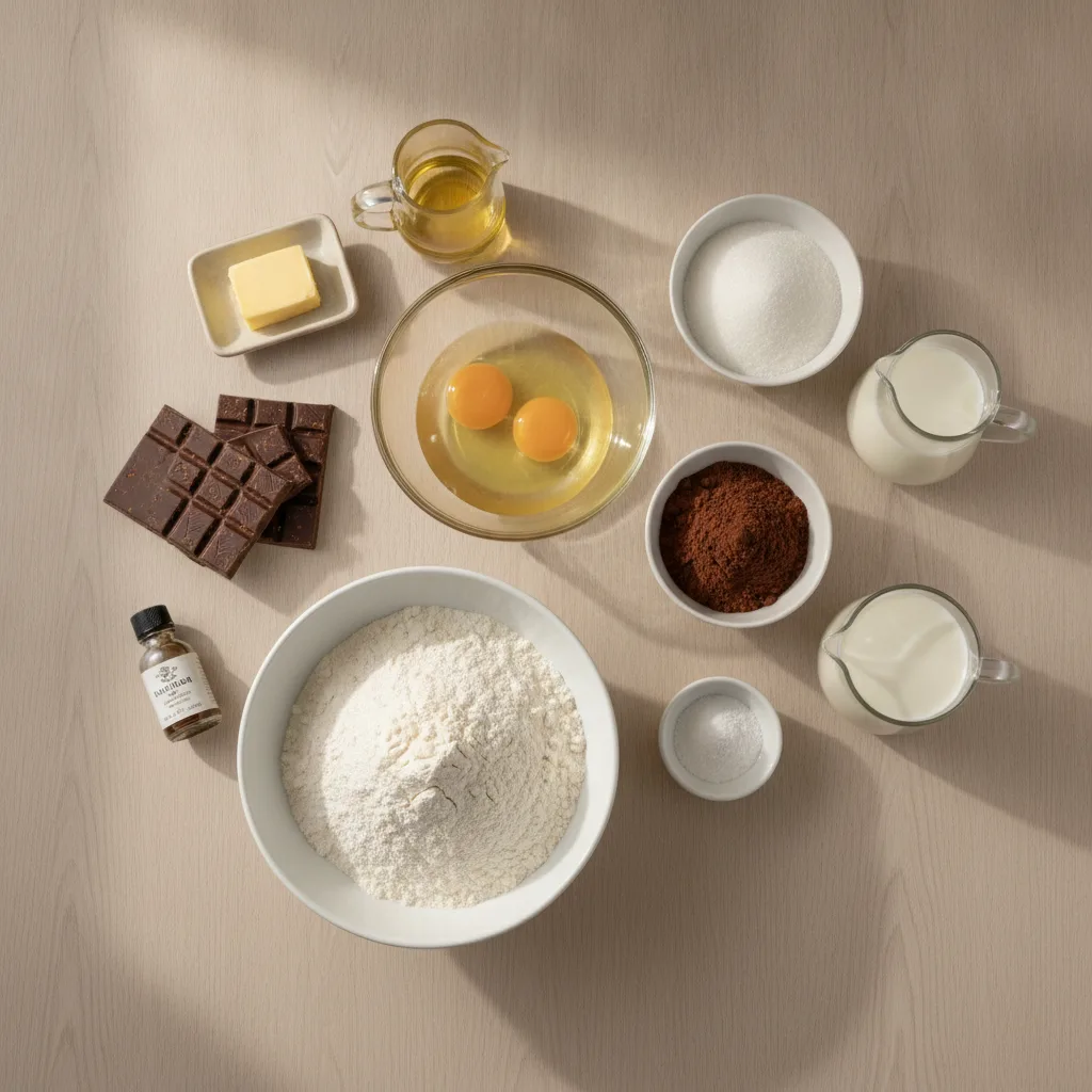 All the ingredients for chocolate cream snack cake bars — eggs, sugar, oil, milk, flour, cocoa, cornflour, cream, butter, vanilla and milk and dark chocolate