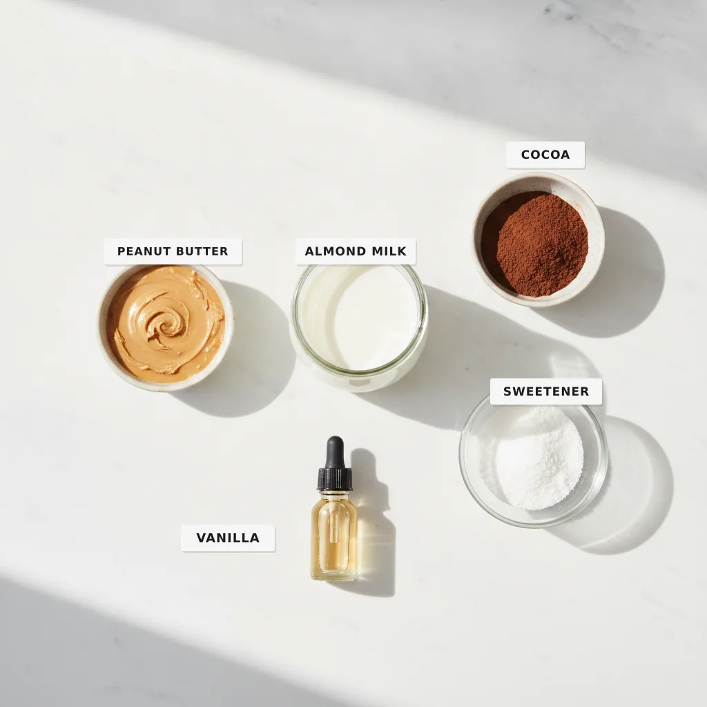 All the ingredients for a sugar-free chocolate peanut butter smoothie laid out and labelled on a marble surface — peanut butter, almond milk, cocoa, sweetener and vanilla