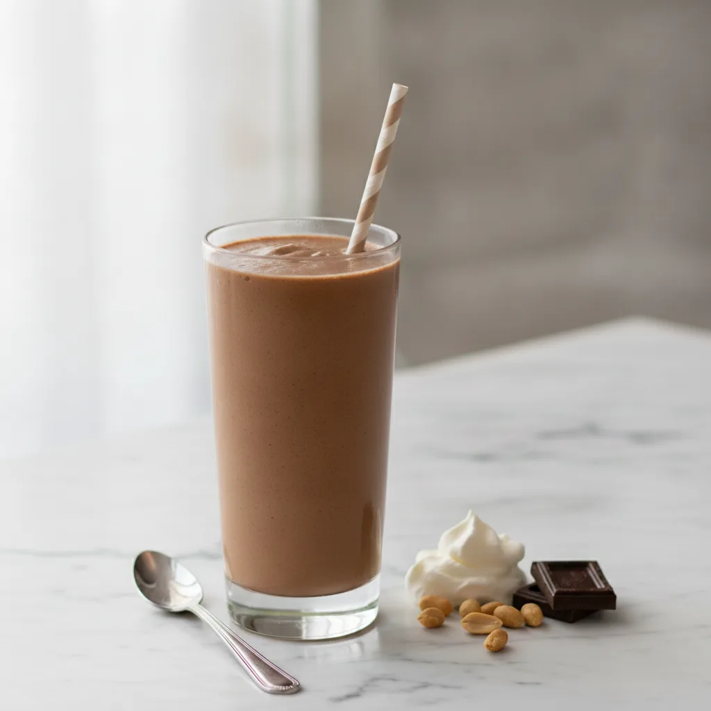 A thick chocolate peanut butter smoothie in a tall glass beside a spoon and a few peanuts on a marble surface
