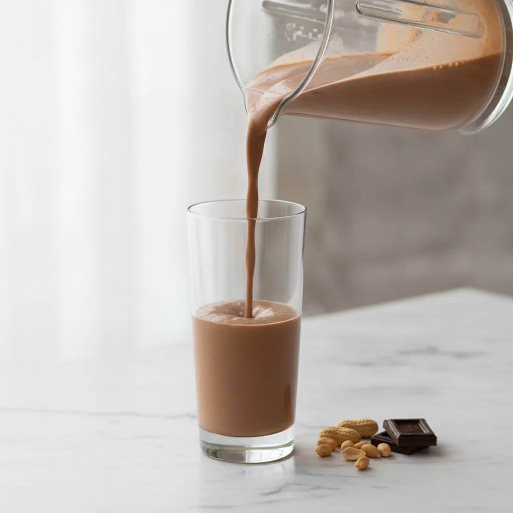 Thick chocolate peanut butter smoothie being poured from a blender jug into a tall glass on a marble surface