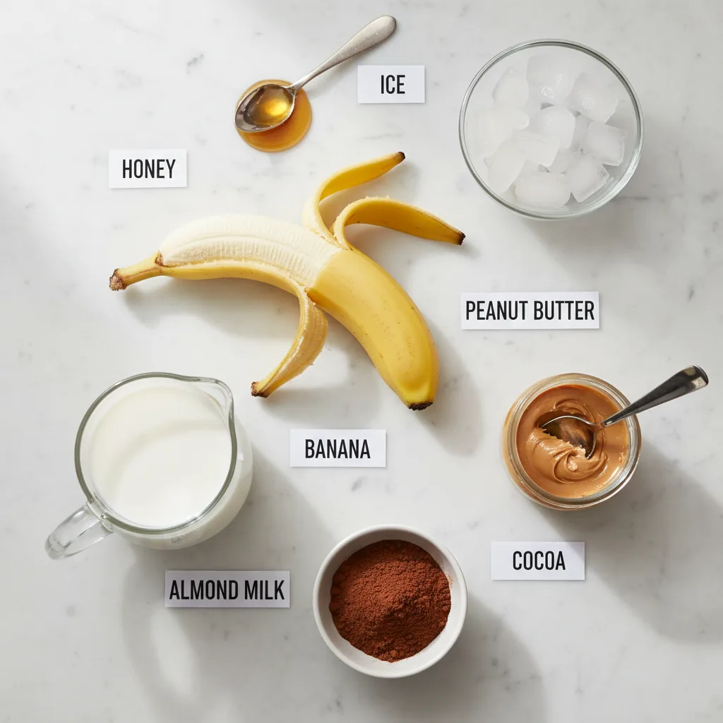 Chocolate peanut butter smoothie ingredients laid out and labelled — banana, peanut butter, cocoa, almond milk, honey and ice, no yogurt