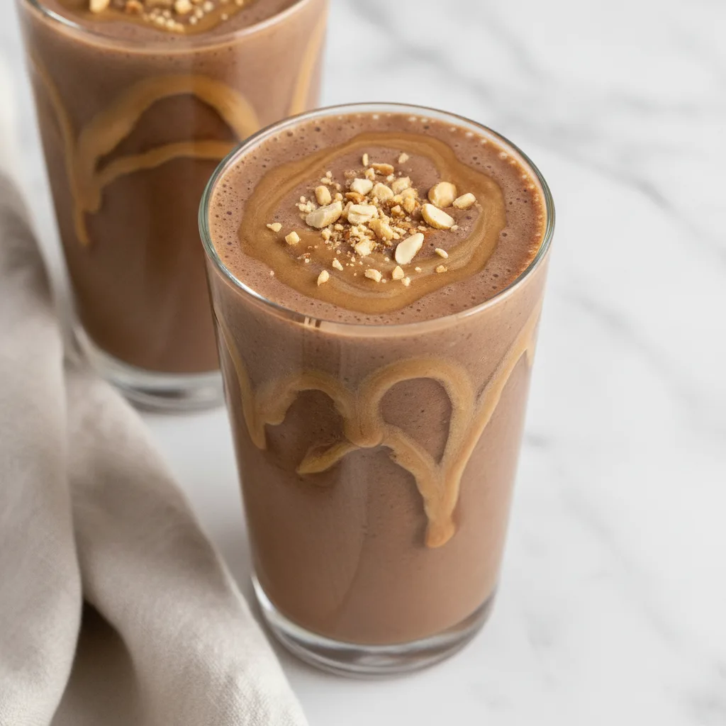 Two glasses of chocolate peanut butter smoothie with a peanut butter drizzle