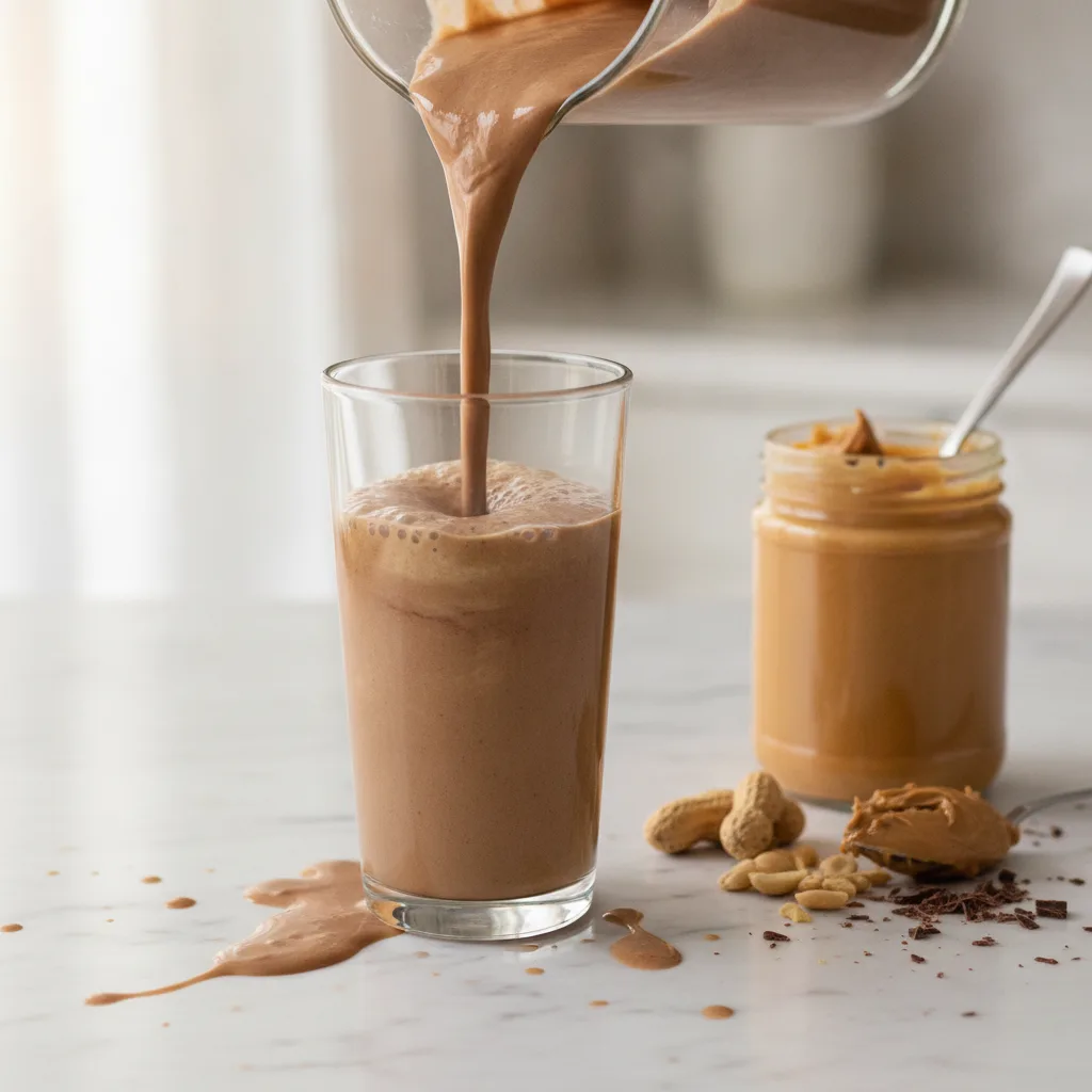 Thick chocolate peanut butter smoothie being poured from a blender into a tall glass