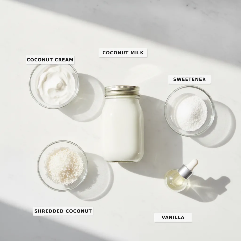 All the ingredients for a dairy-free coconut smoothie laid out and labelled on a marble surface — coconut cream, coconut milk, shredded coconut, sweetener and vanilla