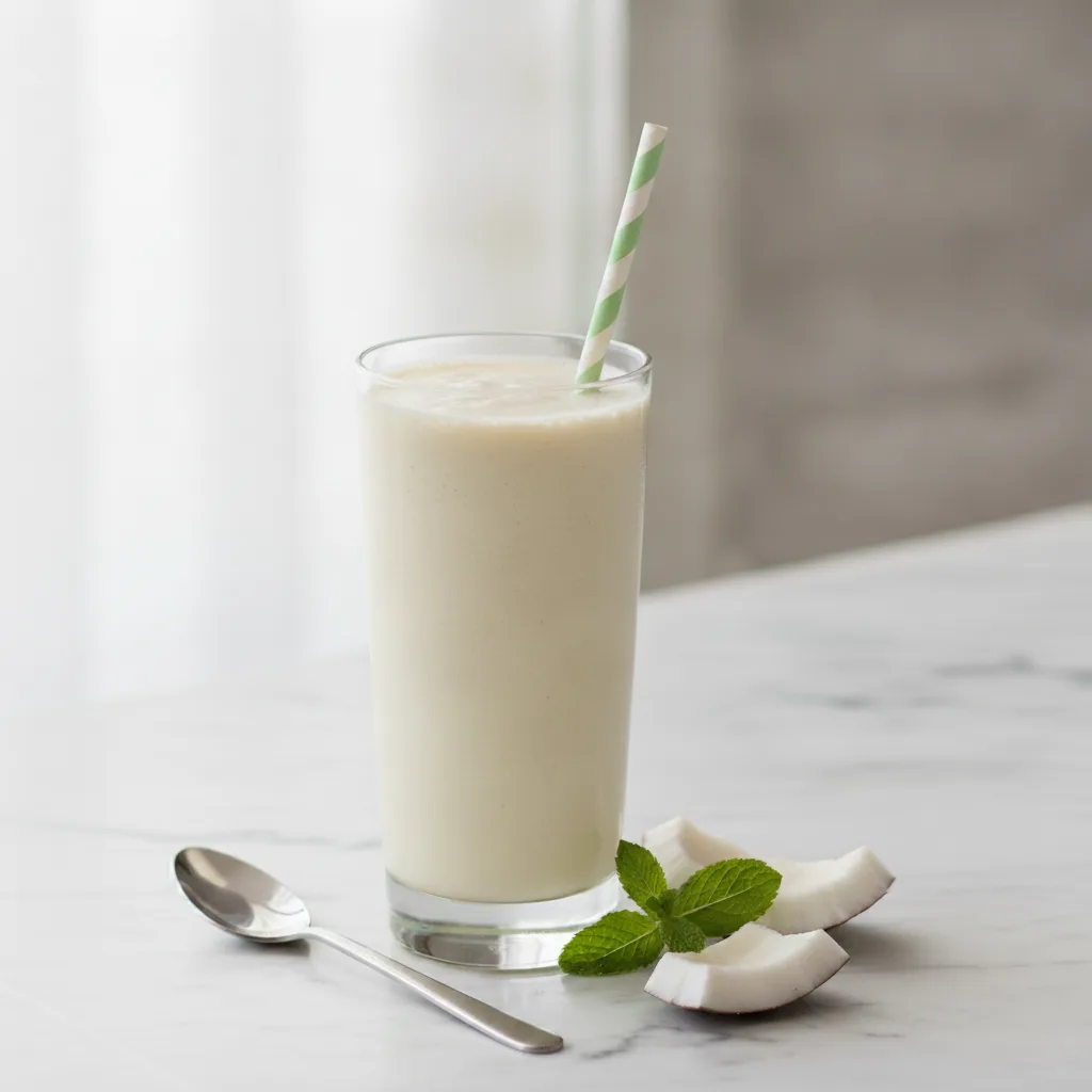 A creamy white coconut smoothie in a tall glass beside a spoon and fresh coconut pieces on a marble surface