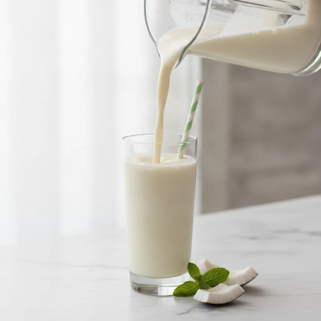 Creamy white coconut smoothie being poured from a blender jug into a tall glass on a marble surface