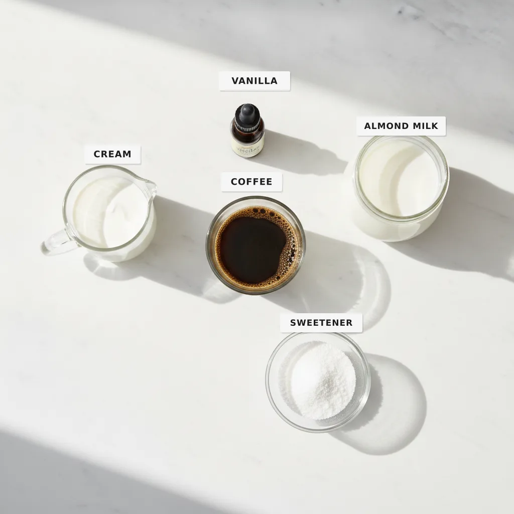 All the ingredients for a keto coffee smoothie laid out and labelled on a marble surface — coffee, almond milk, cream, sweetener and vanilla