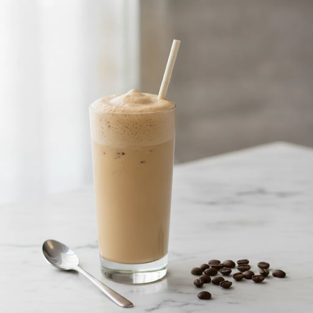 A creamy iced coffee smoothie in a tall glass beside a spoon and scattered coffee beans on a marble surface