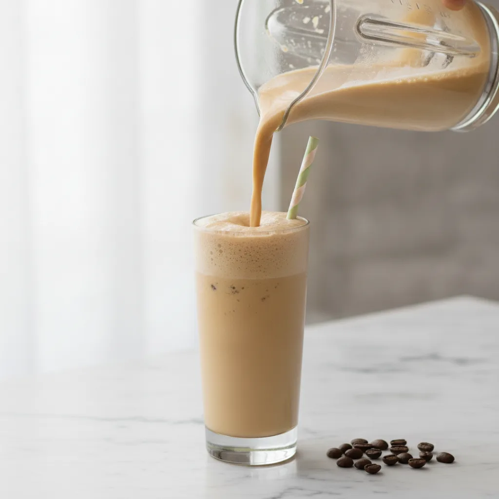 Creamy iced coffee smoothie being poured from a blender jug into a tall glass on a marble surface