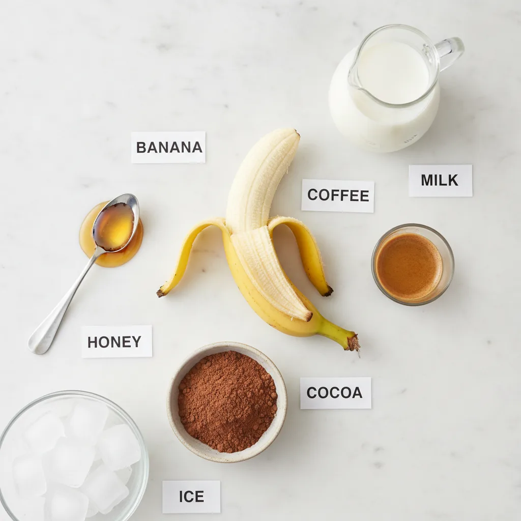 Coffee smoothie ingredients laid out and labelled — banana, coffee, milk, cocoa, honey and ice, no yogurt