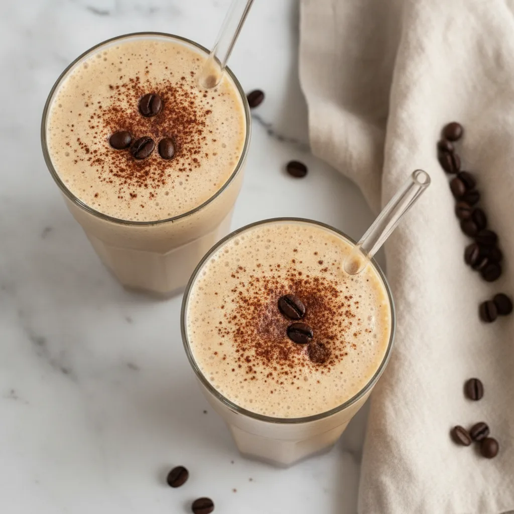 Two glasses of creamy coffee smoothie dusted with cocoa