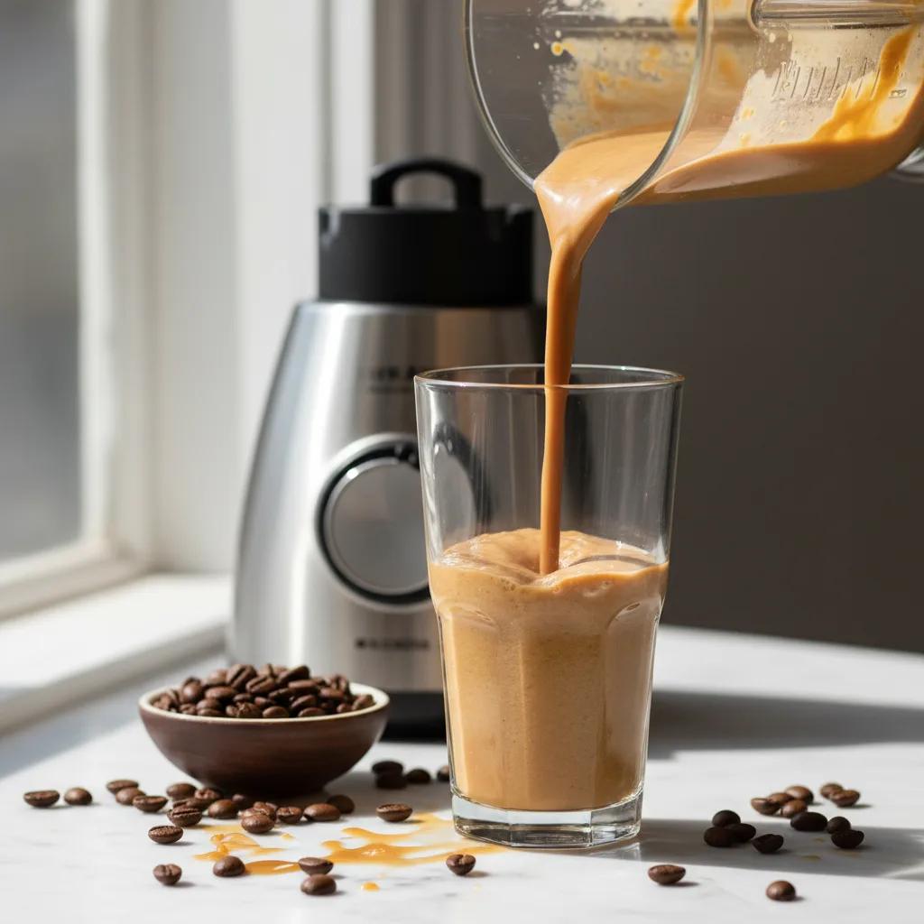 Thick caramel-coloured coffee smoothie being poured from a blender into a tall glass