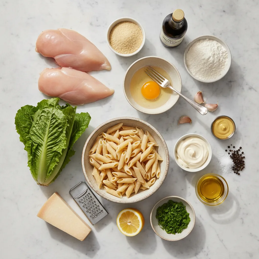 All the ingredients for crispy chicken caesar pasta salad — chicken, panko, flour, egg, penne, romaine, parmesan, lemon, mayo, dijon, worcestershire, garlic, parsley and olive oil