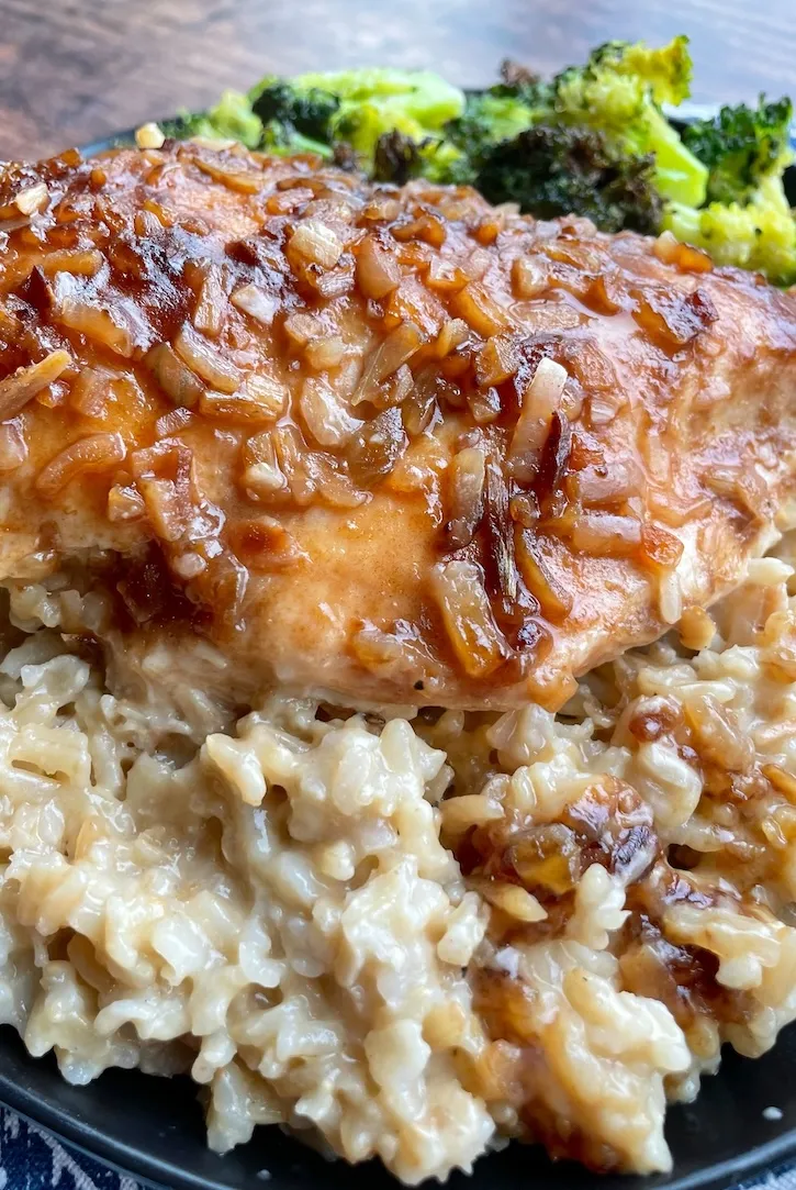 French onion chicken and rice bake — golden caramelized chicken over creamy rice