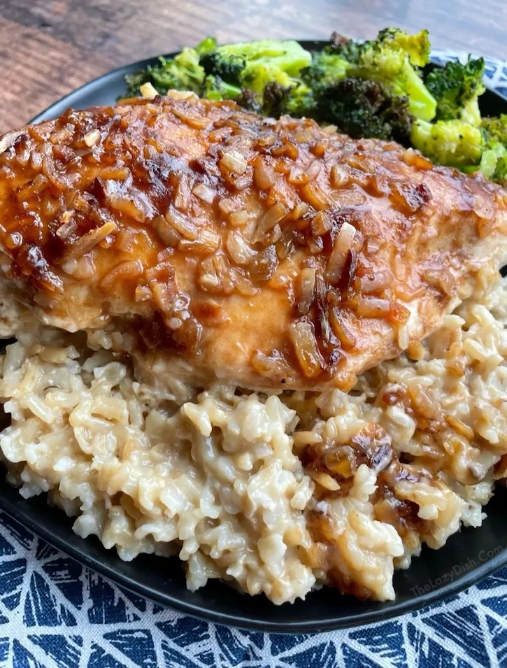 Close-up of French onion chicken and rice dinner with broccoli