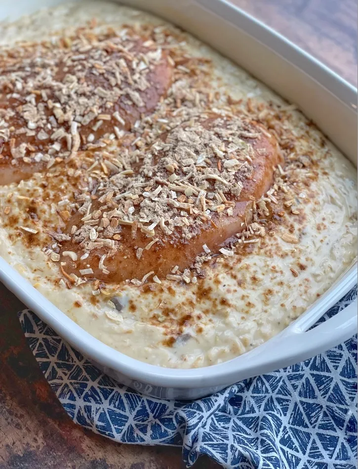 Dry onion soup mix and butter sprinkled over chicken before baking