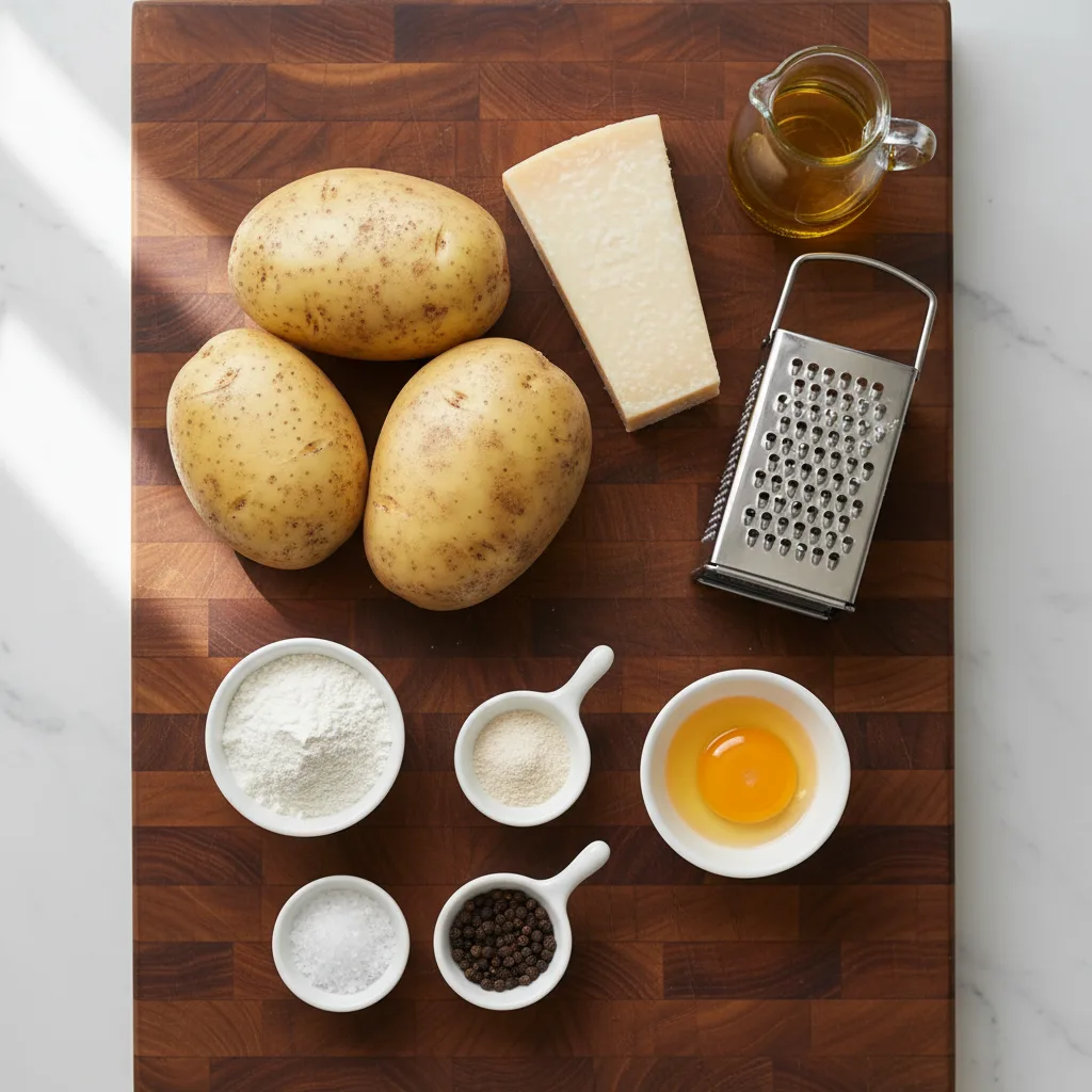 All the ingredients for garlic parmesan hashbrowns — potatoes, parmesan, egg, garlic powder, flour, salt, pepper and oil