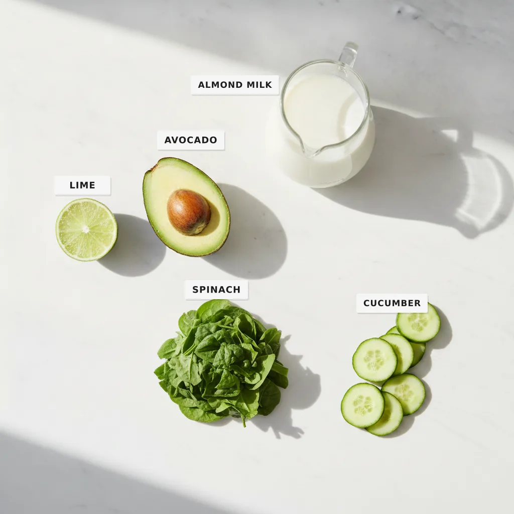 All the ingredients for a low-carb green smoothie laid out and labelled on a marble surface — spinach, avocado, cucumber, almond milk and lime