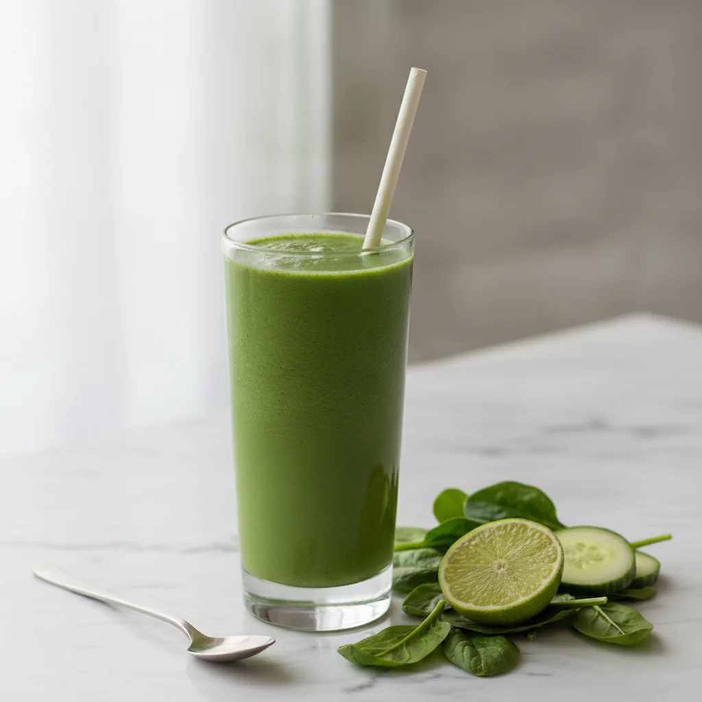 A vibrant green smoothie in a tall glass beside a spoon, fresh spinach and cucumber on a marble surface