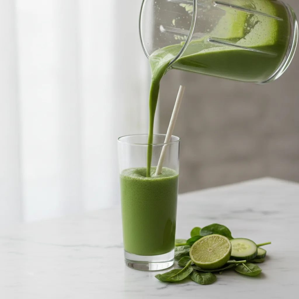 Vibrant green detox smoothie being poured from a blender jug into a tall glass on a marble surface