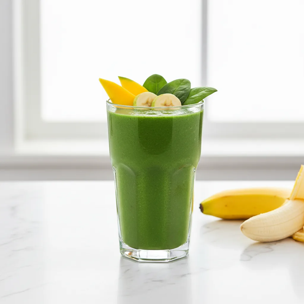 A tall glass of bright green smoothie made without yogurt