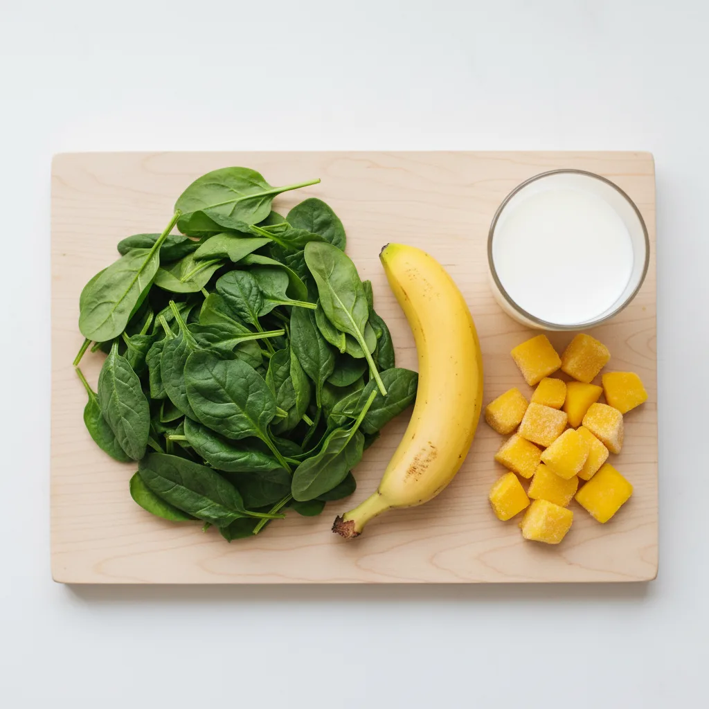 Green smoothie ingredients — spinach, banana, mango and milk, no yogurt