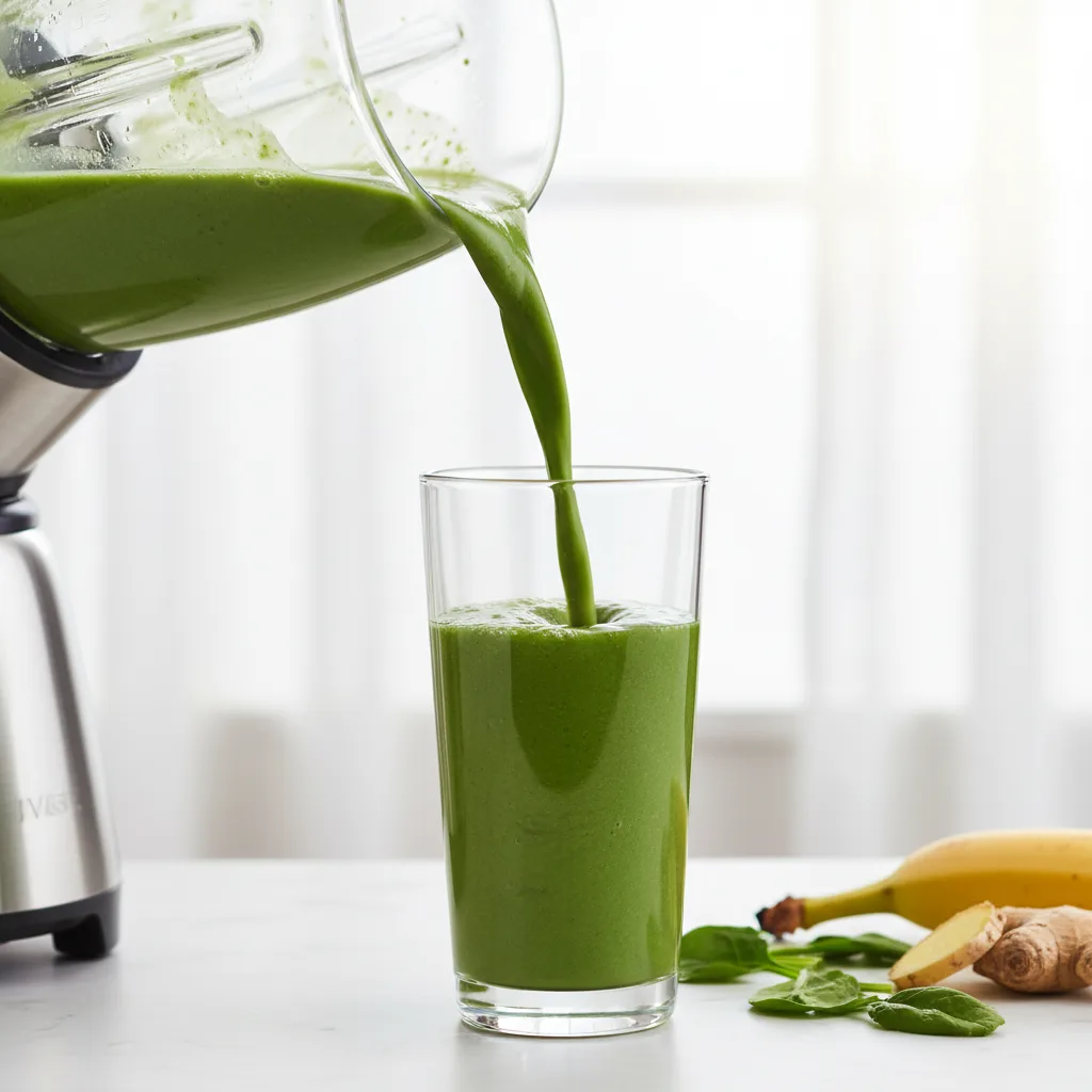Bright green smoothie being poured from a blender into a glass