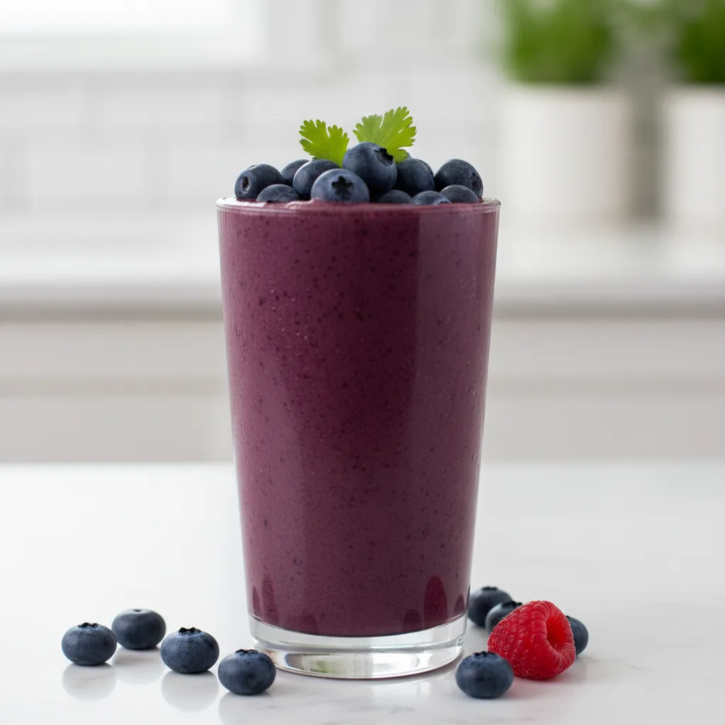 A tall glass of deep-purple heavy metal detox smoothie topped with fresh blueberries