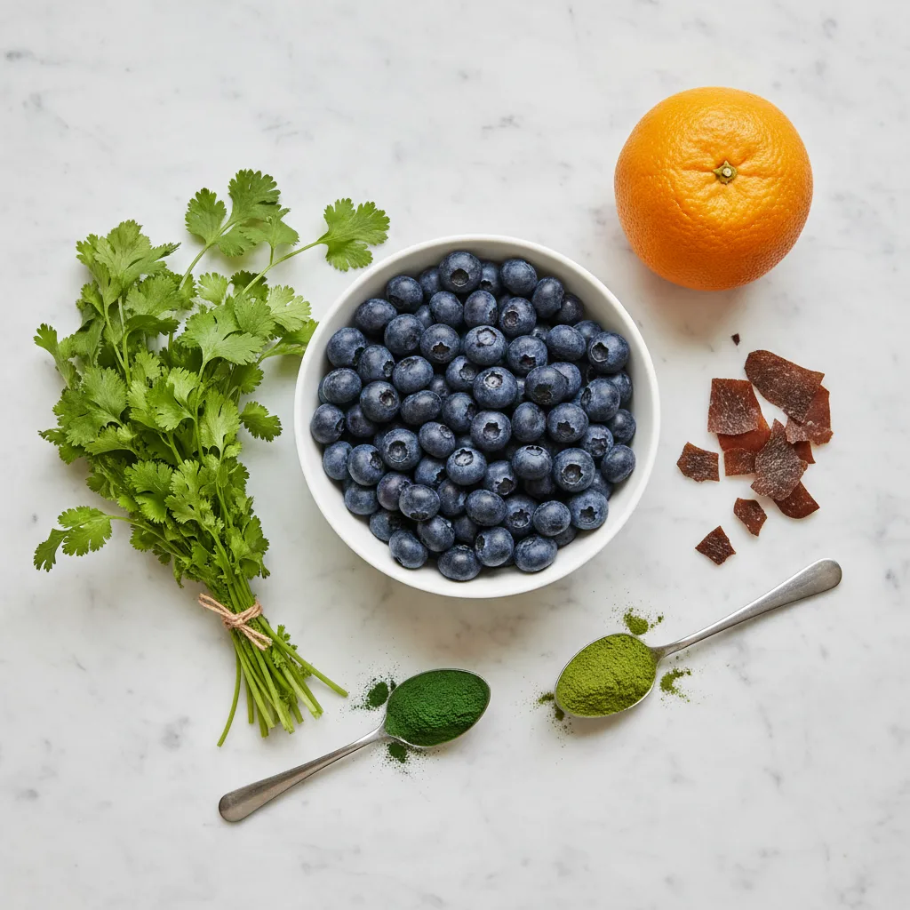 Heavy metal detox smoothie ingredients — wild blueberries, cilantro, spirulina, barley grass, orange and dulse