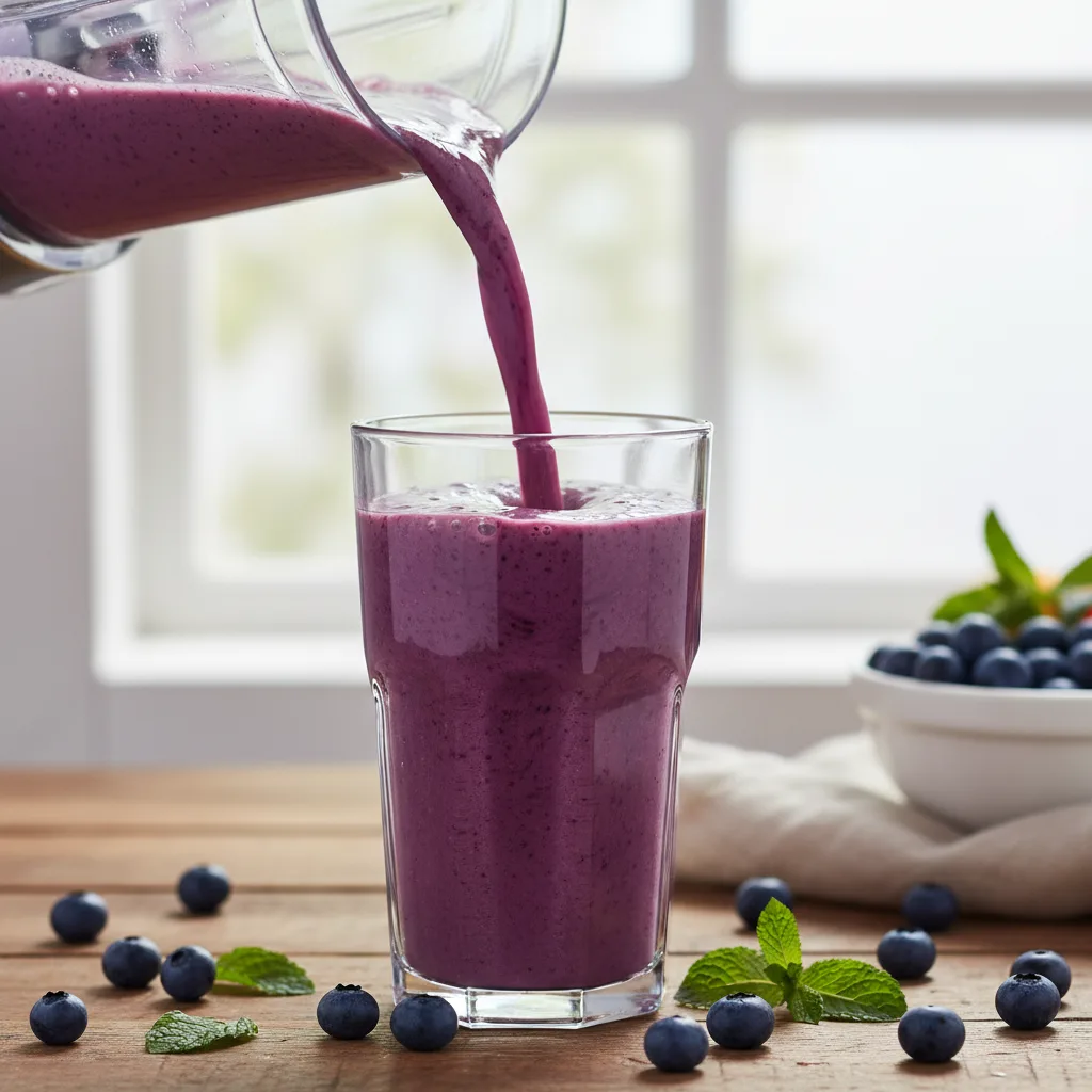 Deep-purple wild blueberry smoothie blended smooth in a blender