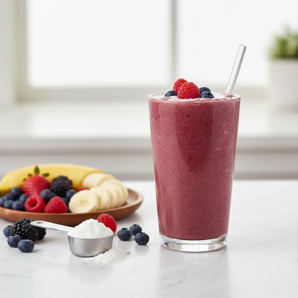 A tall glass of thick high-protein smoothie made without yogurt