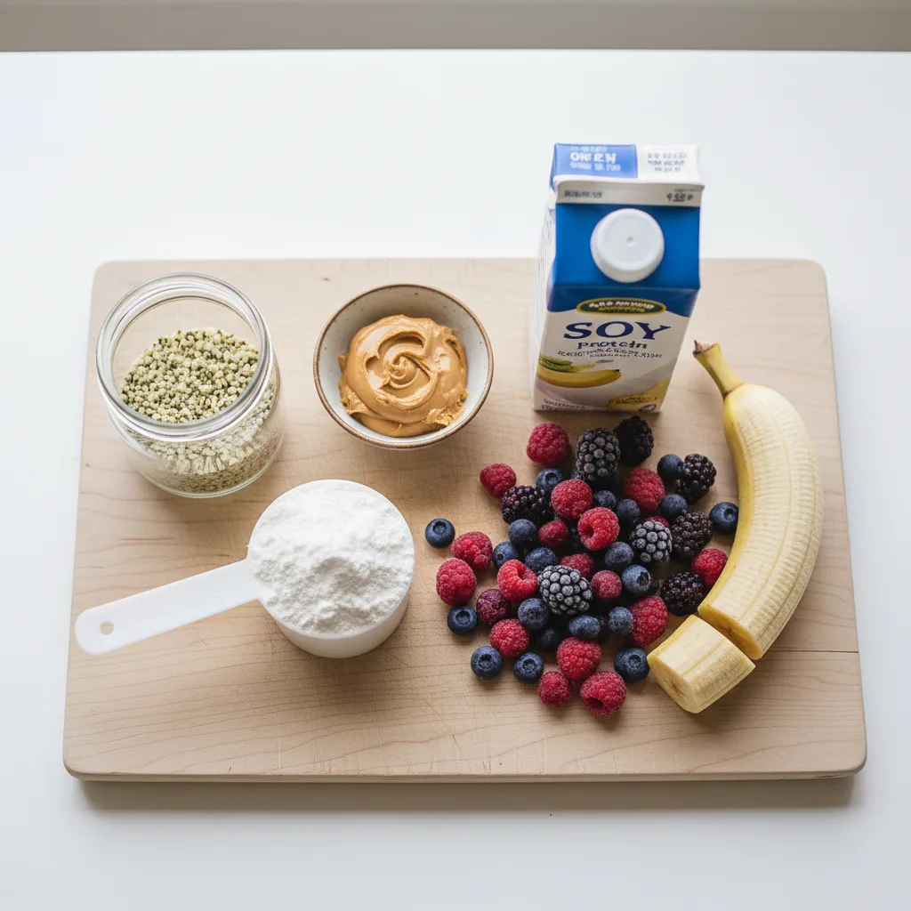 High-protein smoothie ingredients — protein powder, soy milk, nut butter, seeds, banana and berries, no yogurt