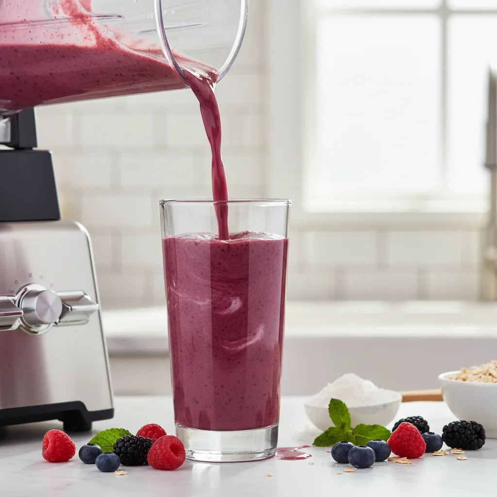 Thick high-protein smoothie being poured from a blender into a glass