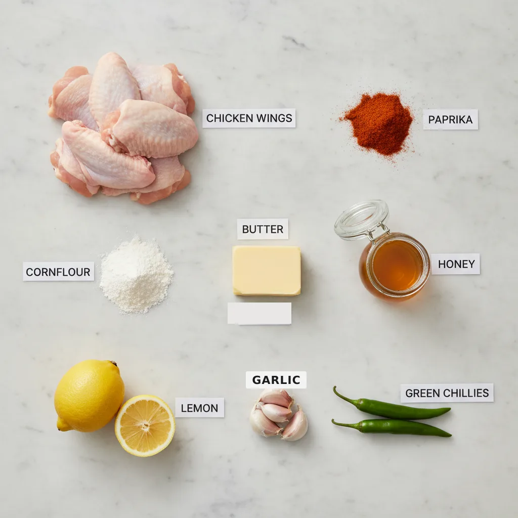 All the ingredients for honey chilli lemon chicken wings laid out and labelled — chicken wings, paprika, cornflour, butter, honey, lemon, garlic and green chillies