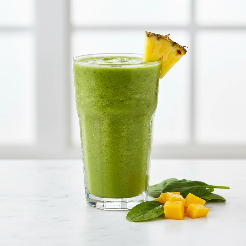 A tall glass of bright green Island Green smoothie with a pineapple wedge