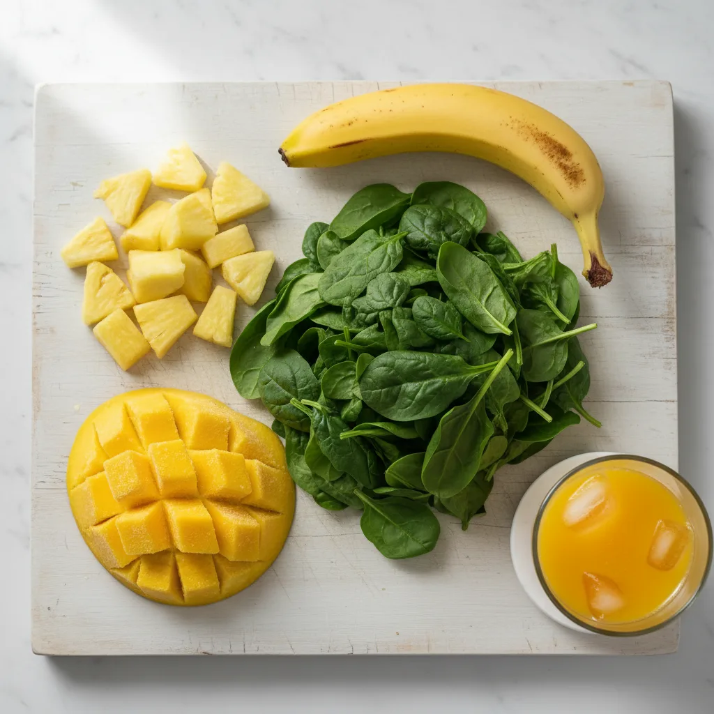 Island Green smoothie ingredients — spinach, frozen mango, pineapple, banana and orange juice