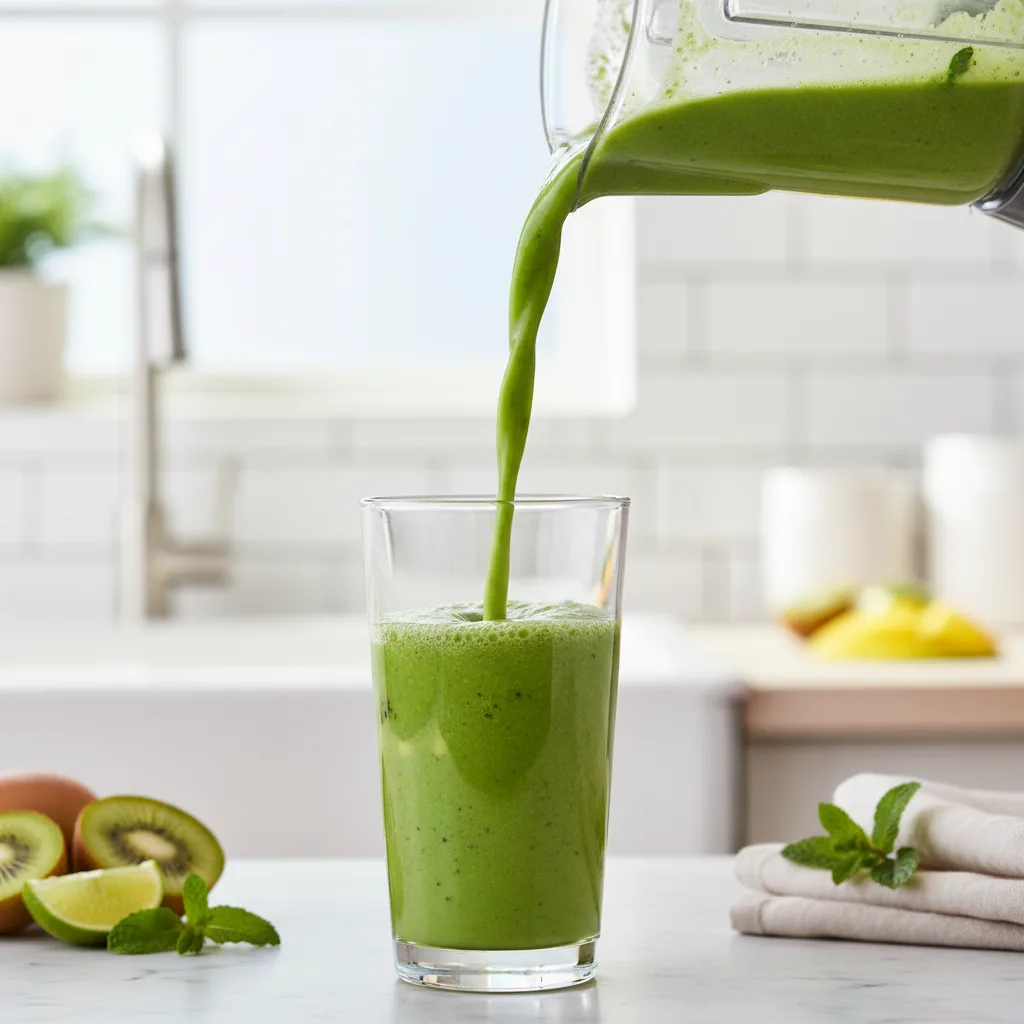 Bright green Island Green smoothie being poured from a blender into a glass