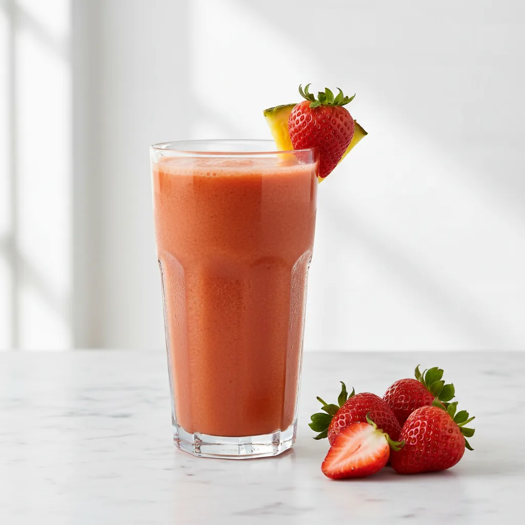 A tall glass of bold fruity coral-orange Jetty Punch smoothie with a strawberry garnish