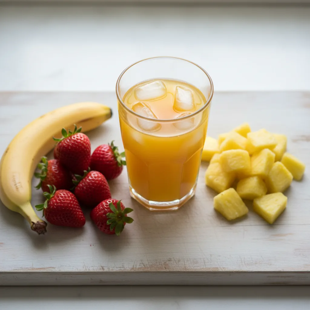 Jetty Punch smoothie ingredients — frozen strawberries, pineapple, banana and orange juice