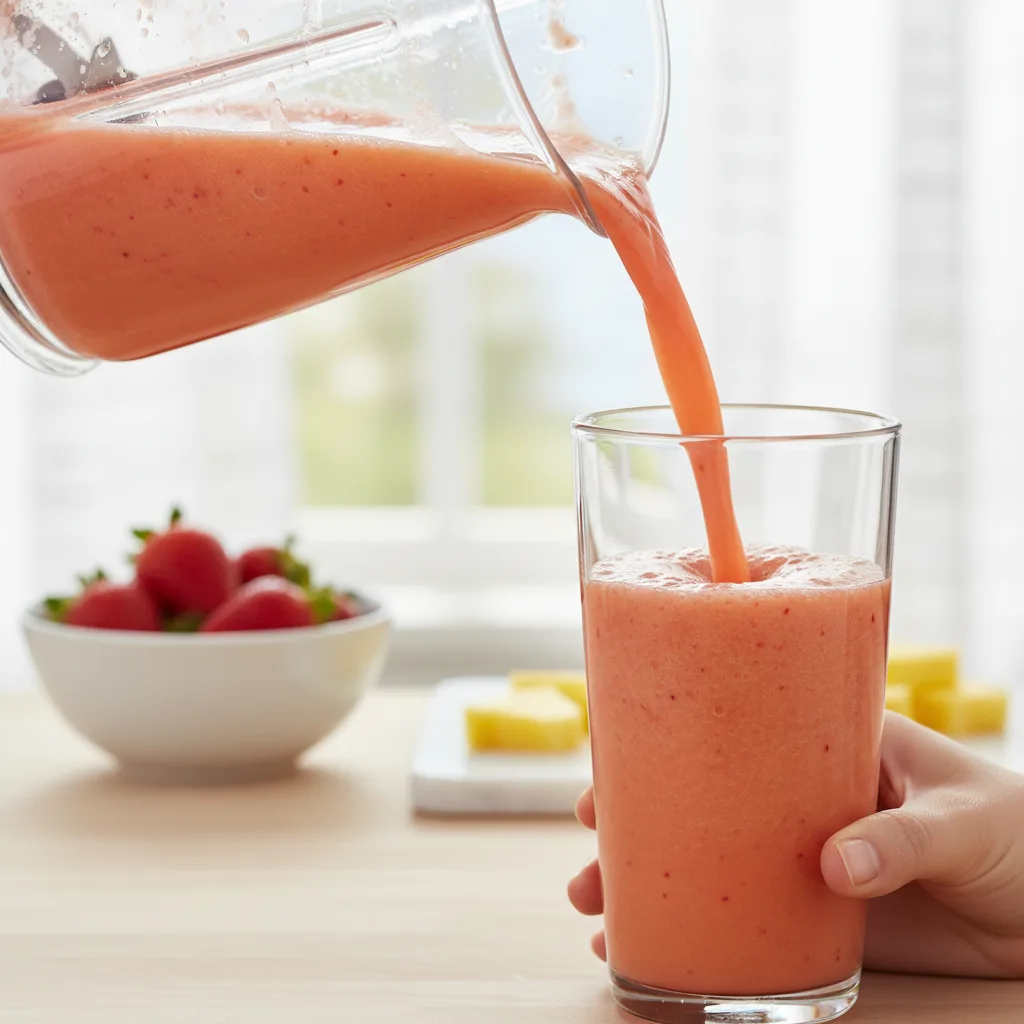 Bold fruity Jetty Punch smoothie being poured from a blender into a tall glass