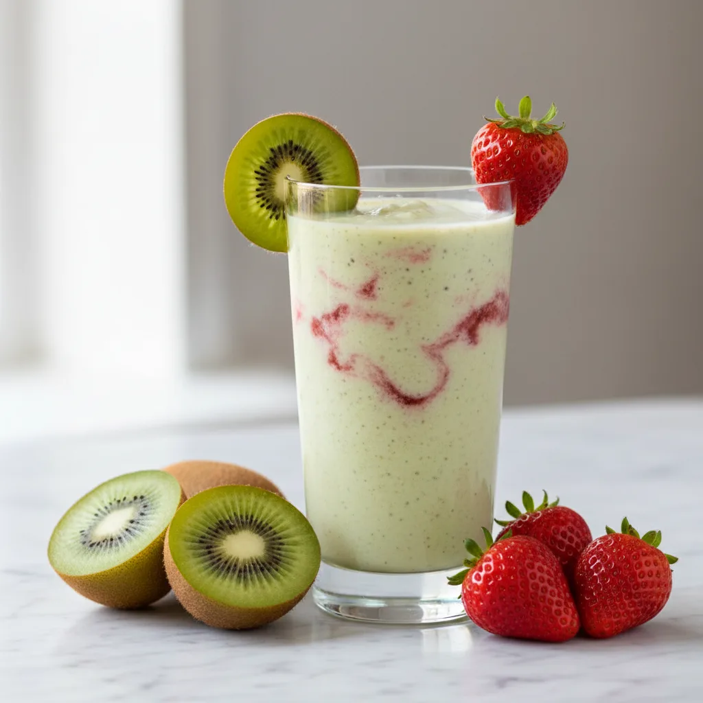 A tall glass of refreshing pale green-pink kiwi strawberry quencher smoothie