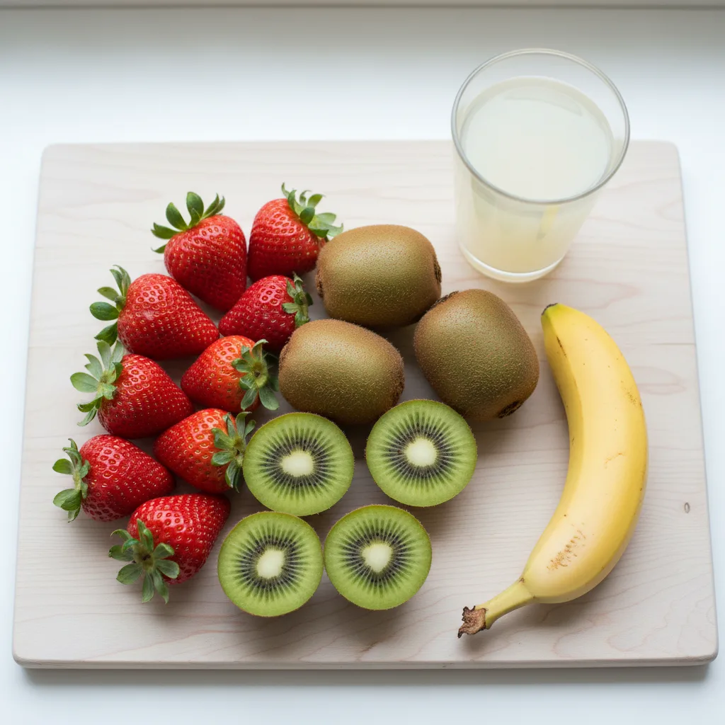 Kiwi Quencher smoothie ingredients — fresh kiwi, frozen strawberries, banana and white grape juice