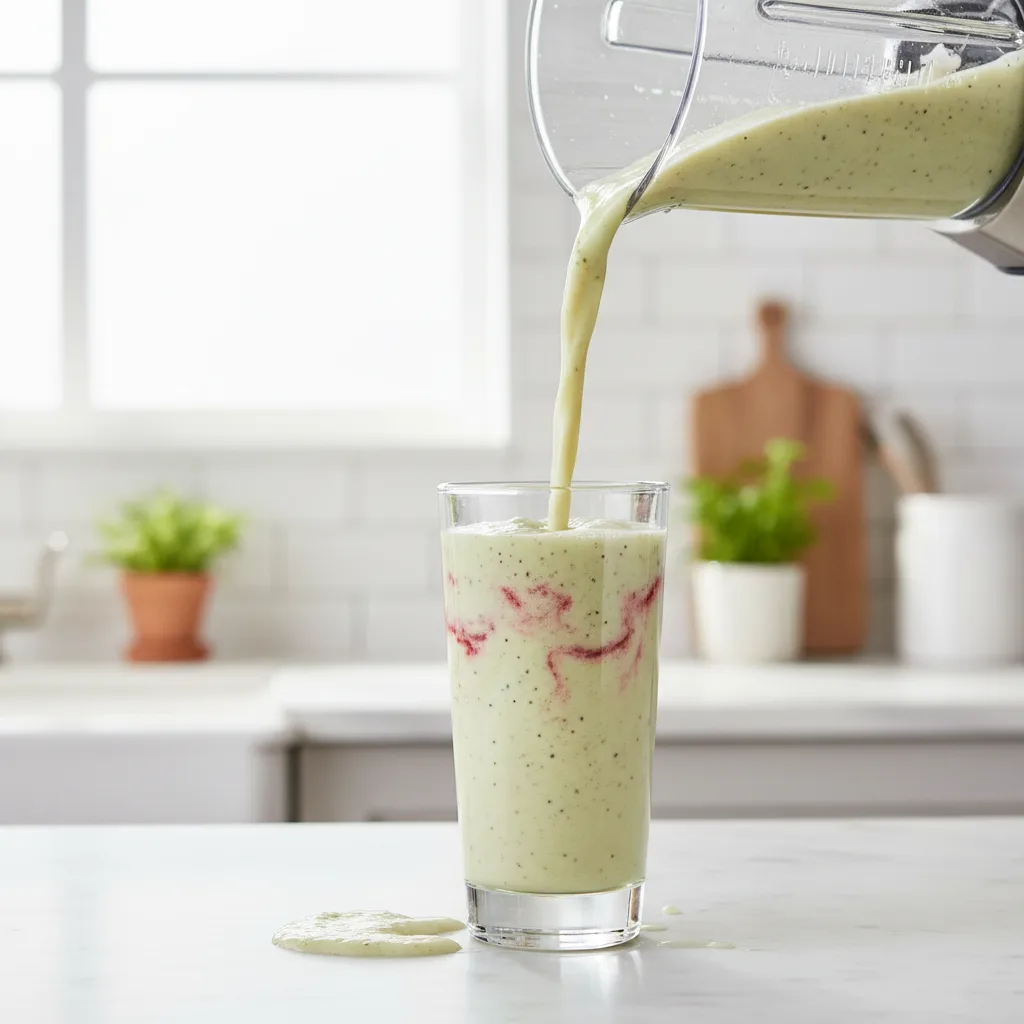 Refreshing kiwi strawberry quencher smoothie being poured from a blender into a glass